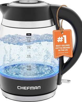 Chefman Electric Kettle, 1.8L 1500W, Hot Water Boiler, Removable Lid for Easy Cleaning, Auto Shut Off, Boil-Dry Protection, Stainless Steel Filter, BPA Free, Borosilicate Glass Electric Tea Kettle