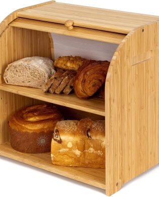 Bamboo Bread Box for Kitchen Countertop, Roll-top Breadbox Breads Storage Boxe with Adjustable Middle Shelf