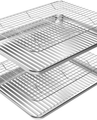 ROTTAY Baking Sheet with Rack Set (2 Pans + 2 Racks), Stainless Steel Cookie Sheet with Cooling Rack, Nonstick Baking Pan, Warp Resistant & Heavy Duty & Rust Free, Size 16 x 12 x 1 Inches