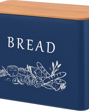 TeamFar Bread Box with Wooden Lid, 13.1”x7.2”x9.7” Metal Bread Container Storage Holder for Family Farmhouse Kitchen Countertop, Powder-Coated & Healthy, Large Capacity & Classic Pattern (Dark Blue)